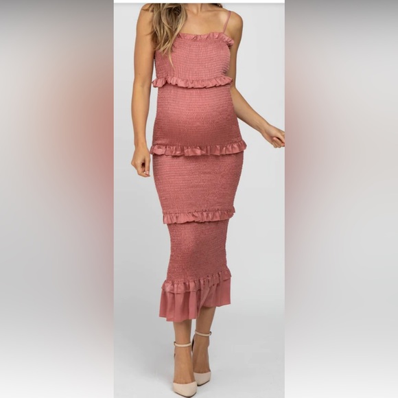 Mauve Satin Smocked Fitted Maternity Midi Dress - Picture 2 of 2